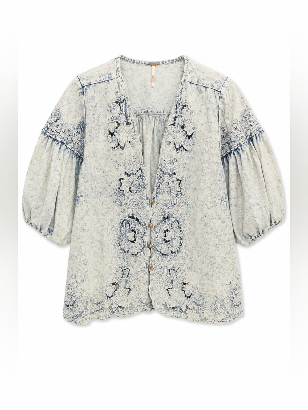 Free People Corinna Embroidered Acid Wash Puff Sleeve Blouse, L, Rare - Picture 2 of 11
